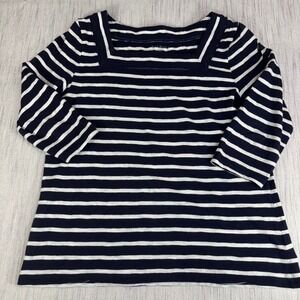 Talbots Petite Medium Navy White Striped Square Neck 3/4 Slv Cotton Top Coastal
